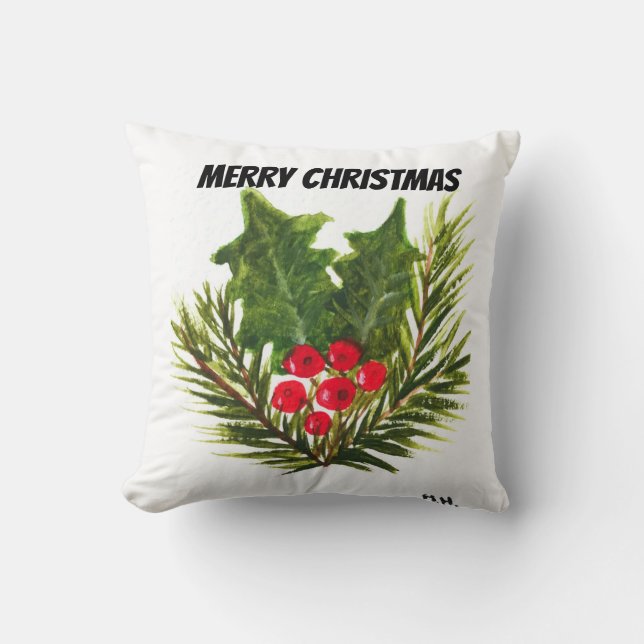 Merry Christmas Pine Holly Watercolor festive  Throw Pillow (Front)