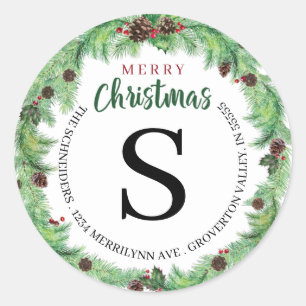MERRY CHRISTMAS Pine Monogram Return Address Classic Round Sticker