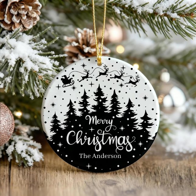 Merry Christmas Pine Santa Claus Reindeer Sleigh Ceramic Ornament (Creator Uploaded)