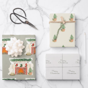 Merry Christmas Pine Tree and Cozy Fireplace Wrapping Paper Sheet