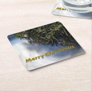 Merry Christmas Pine Tree and Snow Square Paper Coaster