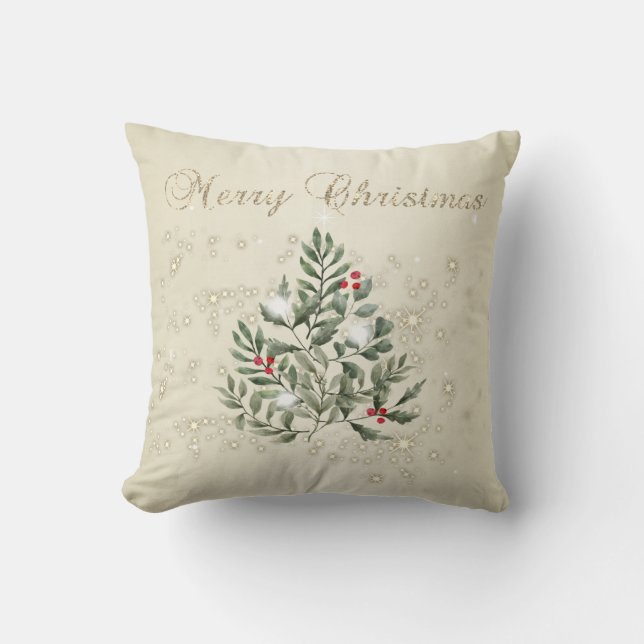 Merry Christmas,Pine Tree Branches Sparkles Throw Pillow (Front)