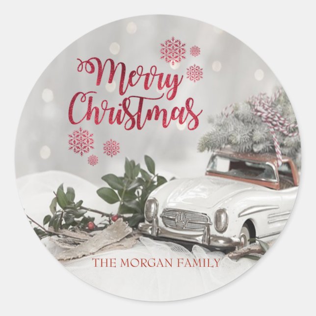 Merry Christmas,Pine Tree,Car,Holly Berries Classic Round Sticker (Front)