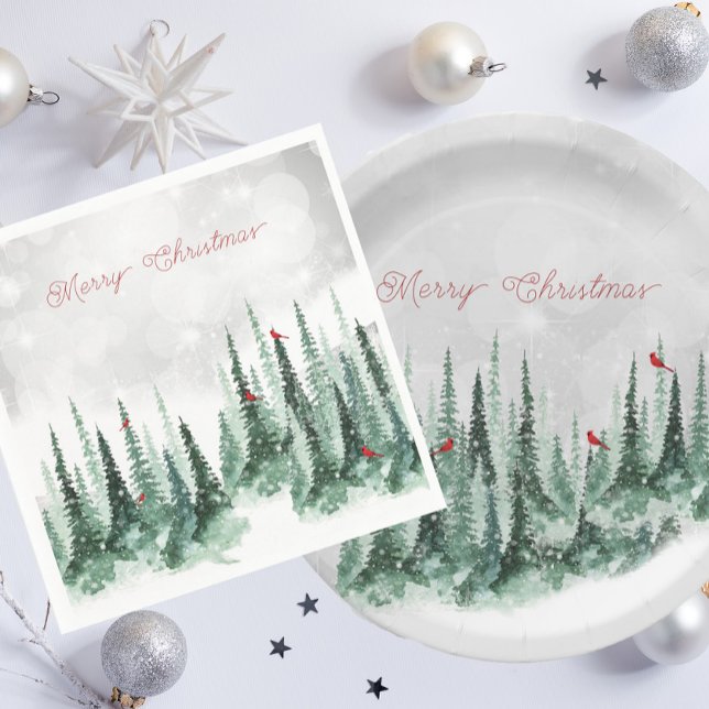 Merry Christmas Pine Tree Forest Cardinal Birds   Paper Plate (Creator Uploaded)