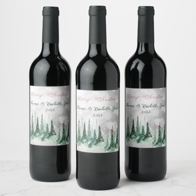 Merry Christmas Pine Tree Forest Cardinal Birds  Wine Label (Bottles)