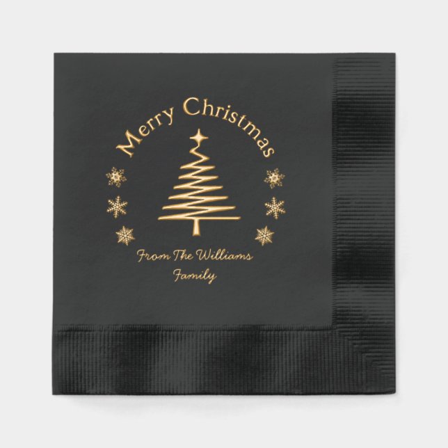 merry christmas pine tree with snowflakes gold  foil napkins (Front)