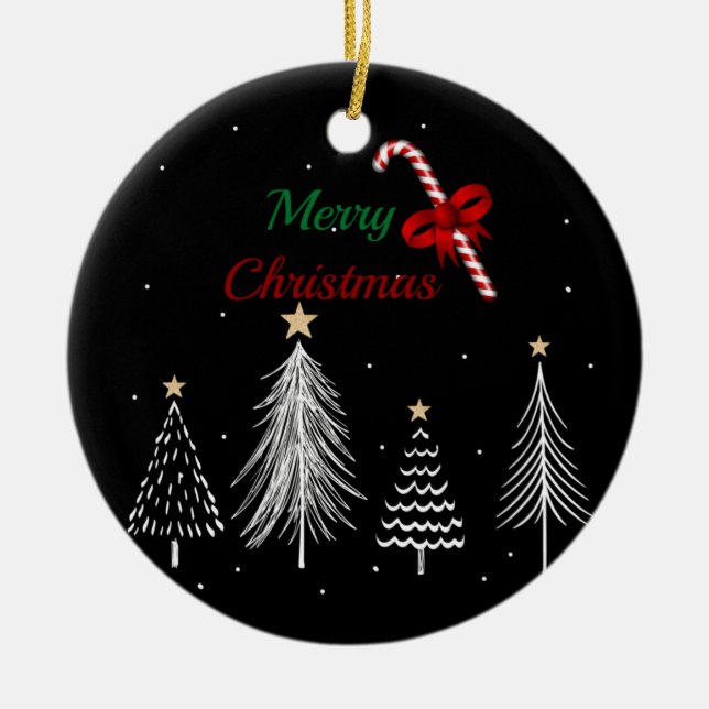 Merry Christmas Pine Trees Ceramic Ornament (Front)