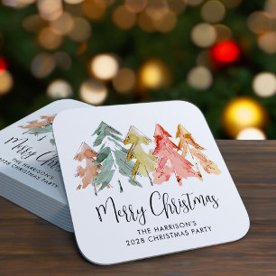 Merry Christmas Pine Trees Holiday Party Square Paper Coaster