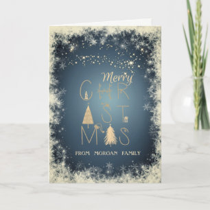 Merry Christmas Pine Trees Snowflakes Green Holiday Card