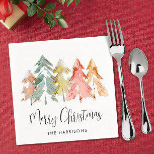 Merry Christmas Pine Trees Watercolor Holiday Napkin