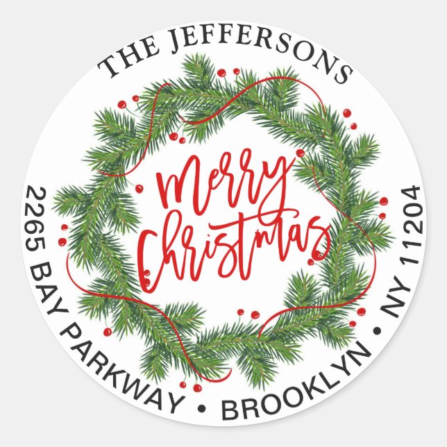 Merry Christmas Pine Wreath Return Address Labels (Front)