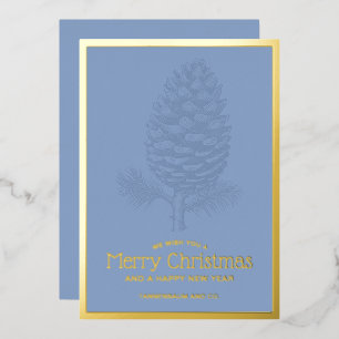 Merry Christmas Pinecone Modern Blue Corporate Foil Holiday Card