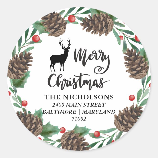 Merry Christmas | Pinecones Wreath Return Address Classic Round Sticker (Front)