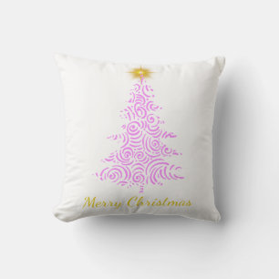 Merry Christmas, pink and gold tree with star Throw Pillow