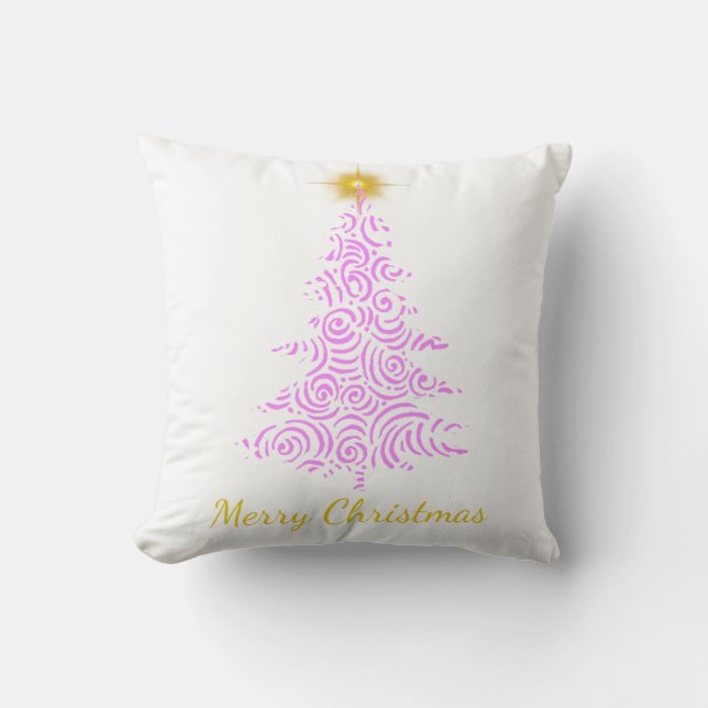 Merry Christmas, pink and gold tree with star Throw Pillow (Front)