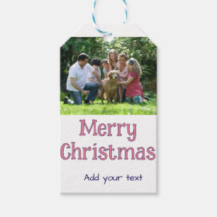 merry christmas pink blue photo family name gifts gift tags