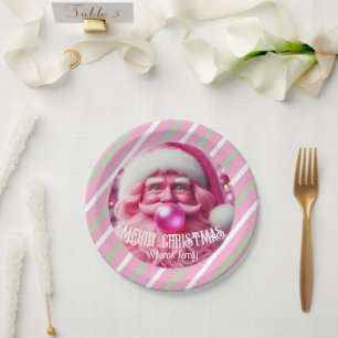 Merry Christmas Pink Bubble Gum Custom Fam Name Paper Plate