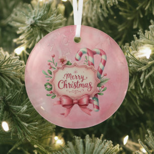 Merry Christmas Pink Candy Canes Holly Glass Ornament