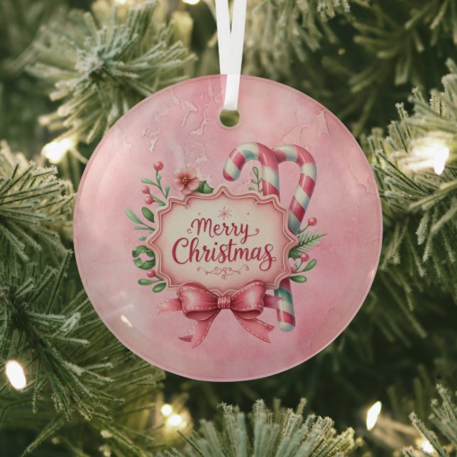 Merry Christmas Pink Candy Canes Holly Glass Ornament (Insitu)