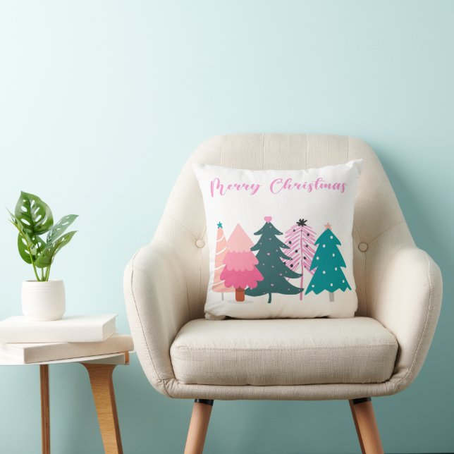 merry christmas pink christmas trees throw pillow (Chair)