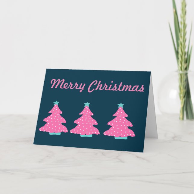 Merry Christmas Pink Contemporary Christmas Trees Card (Front)
