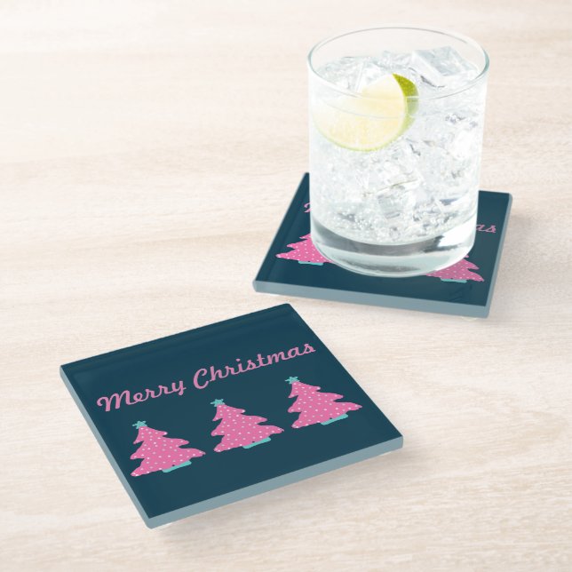 Merry Christmas Pink Contemporary Christmas Trees Glass Coaster (Angled)