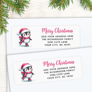 Merry Christmas Pink Cute Ice Skating Penguin