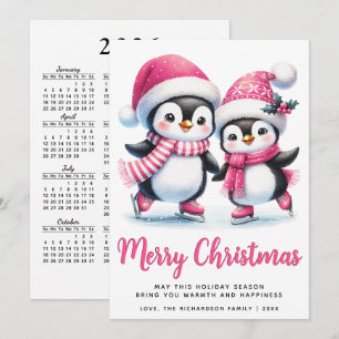 Merry Christmas Pink Cute Ice Skating Penguins Holiday Card