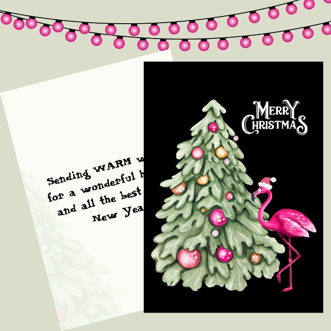 Merry Christmas Pink Flamingo and Pastel Tree Holiday Card (Creator Uploaded)