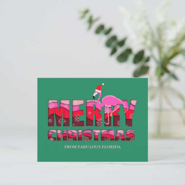 Merry Christmas Pink Flamingo Custom Holiday Postcard (Standing Front)