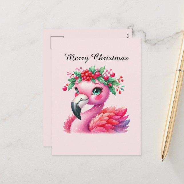 Merry Christmas pink flamingo customizable Holiday Postcard (Front/Back In Situ)