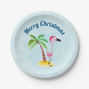 Merry Christmas Pink Flamingo in Santa Hat Paper Plate