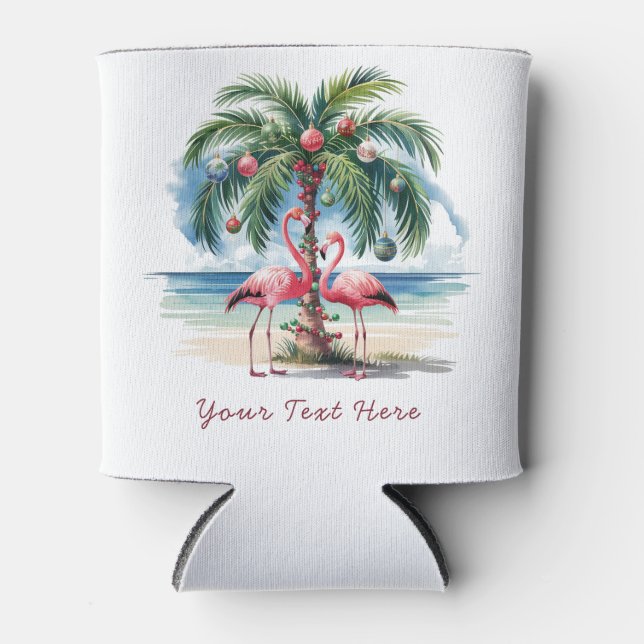 Merry Christmas Pink  Flamingo Personalized  Can Cooler (Front)