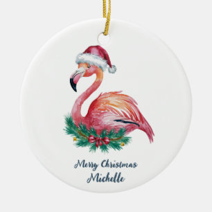 Merry Christmas Pink Flamingo Personalized Ceramic Ornament