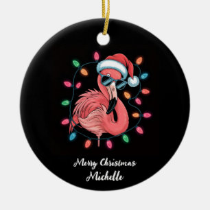 Merry Christmas Pink Flamingo Personalized Ceramic Ornament