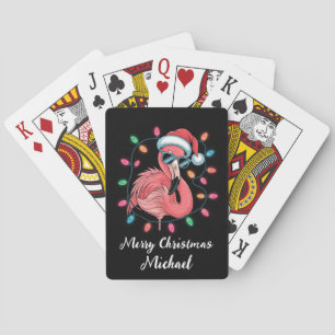 Merry Christmas Pink Flamingo Personalized Playing Cards