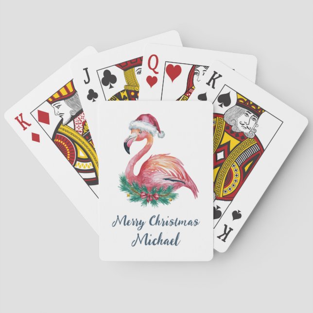 Merry Christmas Pink  Flamingo Personalized        Playing Cards (Back)