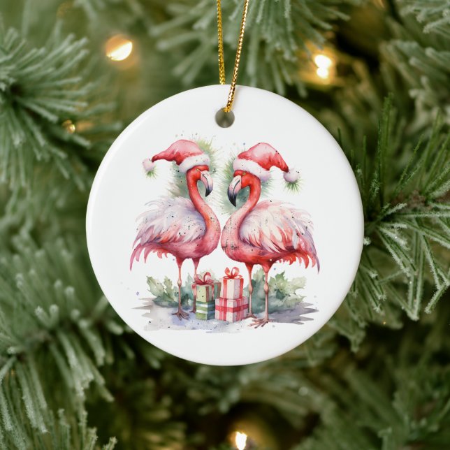 Merry Christmas Pink Flamingos Ceramic Ornament (Tree)