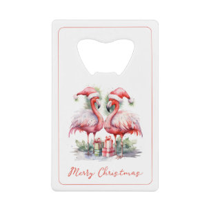 Merry Christmas Pink Flamingos Credit Card Bottle Opener