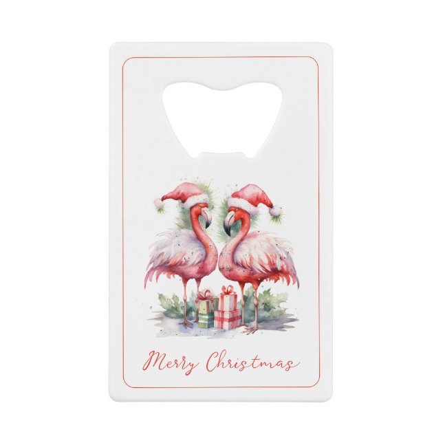 Merry Christmas Pink Flamingos Credit Card Bottle Opener (Front)