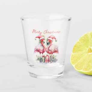 Merry Christmas Pink Flamingos Shot Glass