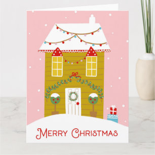 Merry Christmas Pink Gingerbread House Card