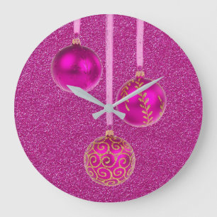 Merry Christmas Pink Glitter Baubles Elegant Large Clock