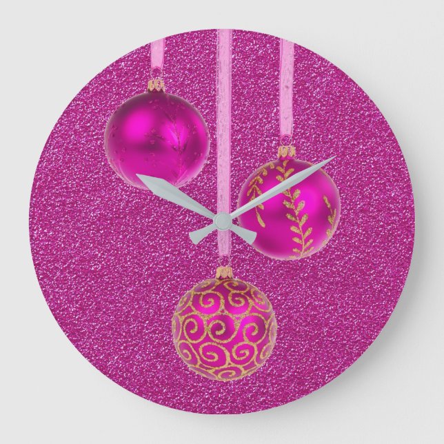 Merry Christmas Pink Glitter Baubles Elegant Large Clock (Front)