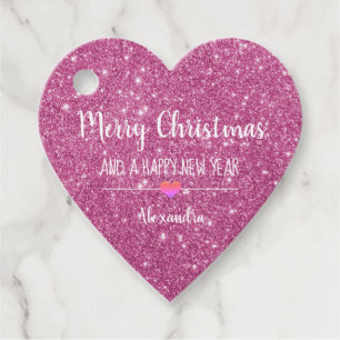 Merry Christmas pink glitter elegant name  Favour Tags