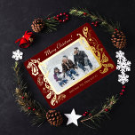 Merry christmas - pink gold decorations  foil holiday card<br><div class="desc">Merry Christmas. 
A beautifully ornated card with a real gold foil on a red background. 
The photo must be  customized with your family picture and the text with the names too. 
To wish a beautiful Christmas to your loved ones</div>