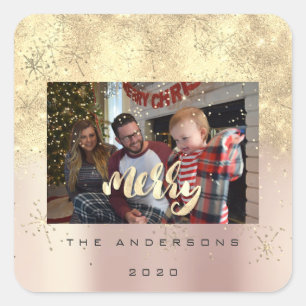 Merry Christmas Pink Gold Stars Spark Photo Name Square Sticker