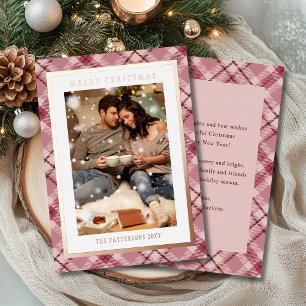 Merry Christmas Pink Plaid Tartan Photo Foil Holiday Card
