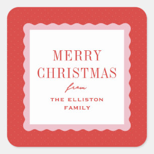 Merry Christmas pink red wavy frame holiday gift Square Sticker