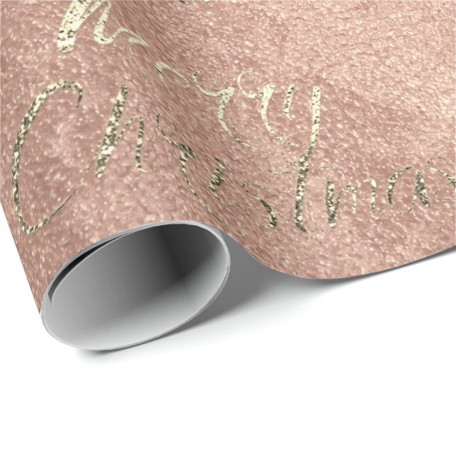 Merry Christmas Pink Rose Gold Glitter Peach Faux Wrapping Paper (Roll Corner)